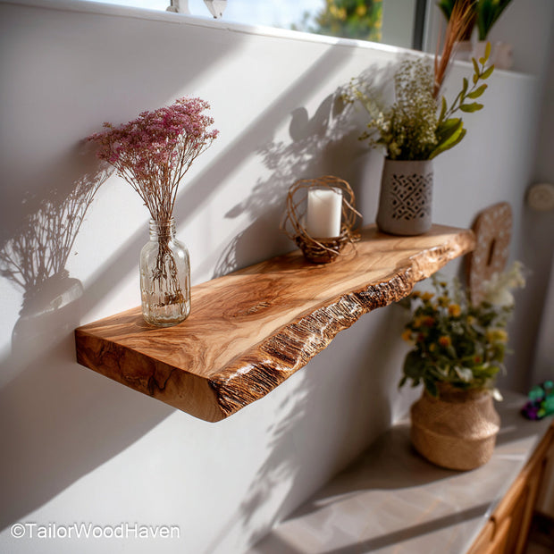 Farmhouse wall shelf crafted from solid wood with soft matte finish and floating hardware, perfect for cozy interiors and countryside style walls