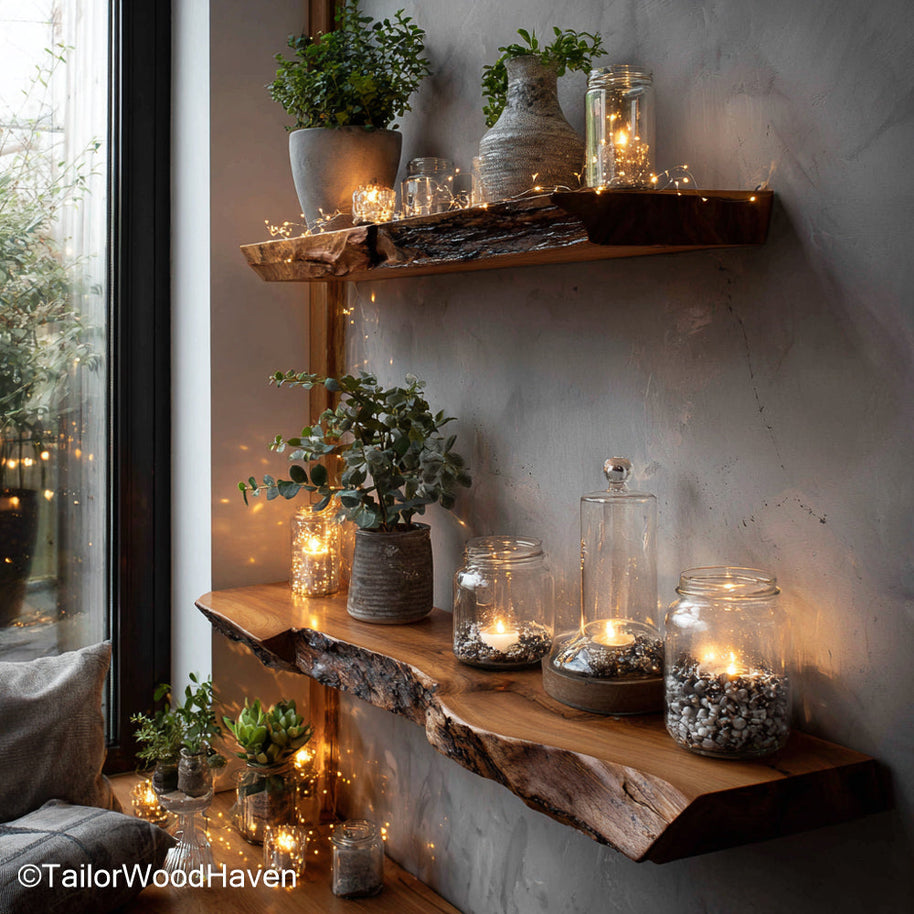 Black walnut floating shelves made with deep walnut tone and smooth slab surface, mounted cleanly for use in kitchens, studies, or hallways