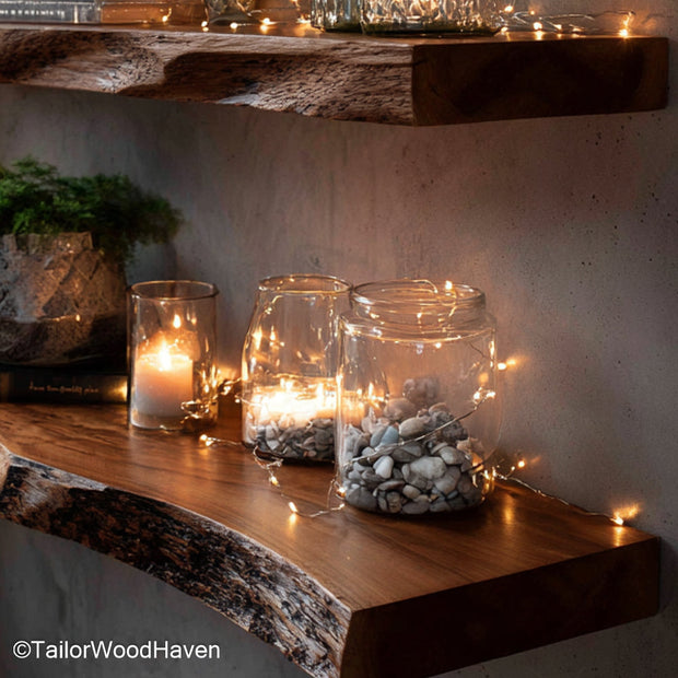 Rustic floating bookshelf made from real wood with a distressed surface and floating support, perfect for cottage or country style interiors