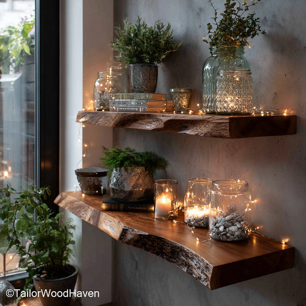 Rustic floating bookshelf made from real wood with a distressed surface and floating support, perfect for cottage or country style interiors