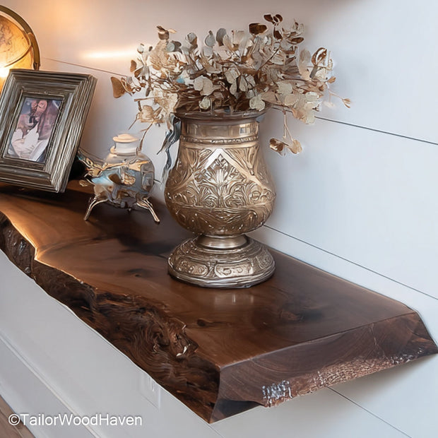 2 floating shelves made from real wood with sealed finish and wall mounted brackets, ideal for kitchens, bedrooms, or entryways