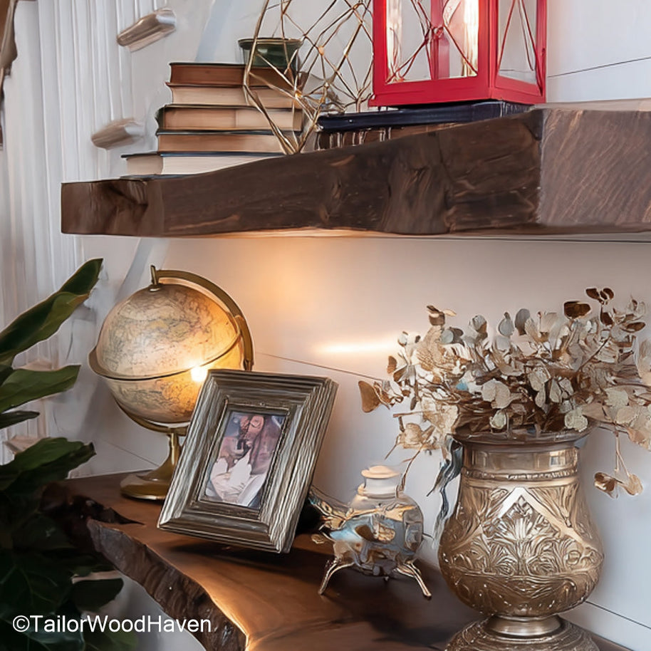 2 floating shelves made from real wood with sealed finish and wall mounted brackets, ideal for kitchens, bedrooms, or entryways