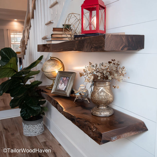 2 floating shelves made from real wood with sealed finish and wall mounted brackets, ideal for kitchens, bedrooms, or entryways