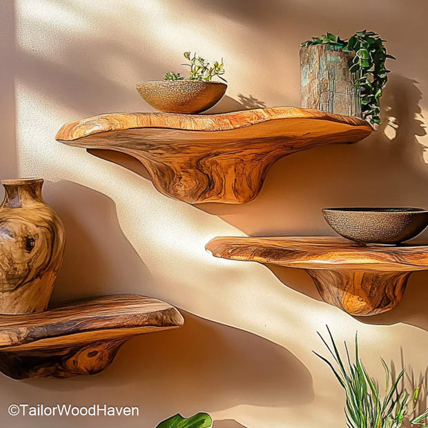 Edge shelf designed with a natural wood contour and floating brackets, built as a subtle yet striking shelf for modern or rustic interiors