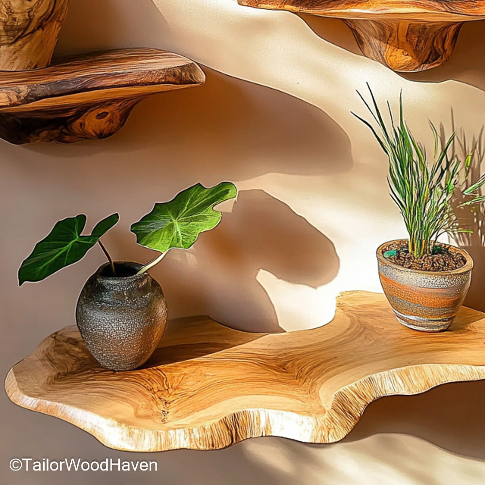 Edge shelf designed with a natural wood contour and floating brackets, built as a subtle yet striking shelf for modern or rustic interiors