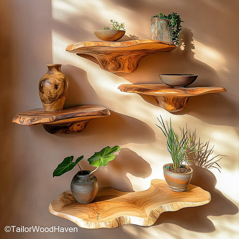 Edge shelf designed with a natural wood contour and floating brackets, built as a subtle yet striking shelf for modern or rustic interiors