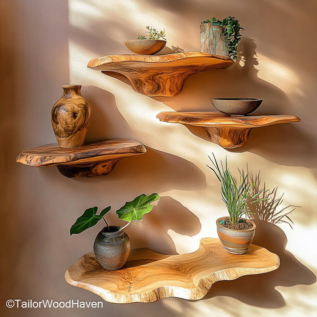 Edge shelf designed with a natural wood contour and floating brackets, built as a subtle yet striking shelf for modern or rustic interiors