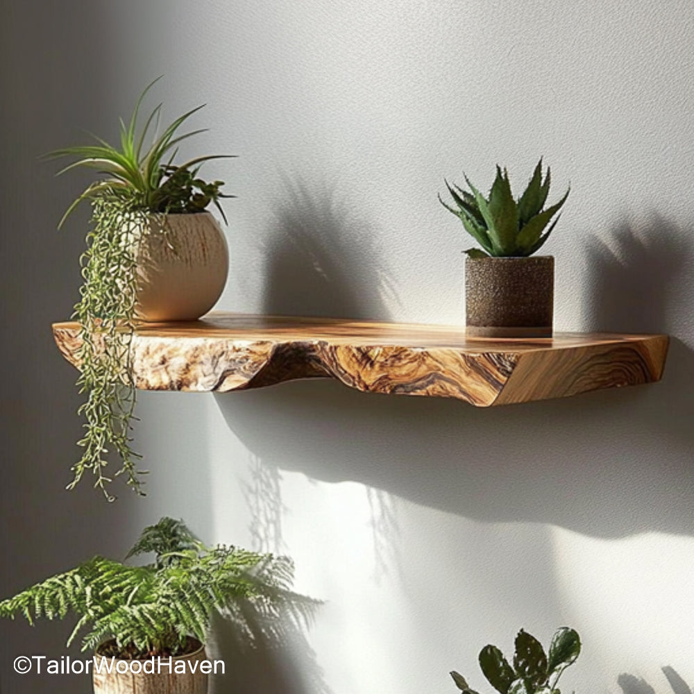 Live edge shelves kitchen made from sealed hardwood slabs with floating form, offering rustic storage or display options for kitchen walls