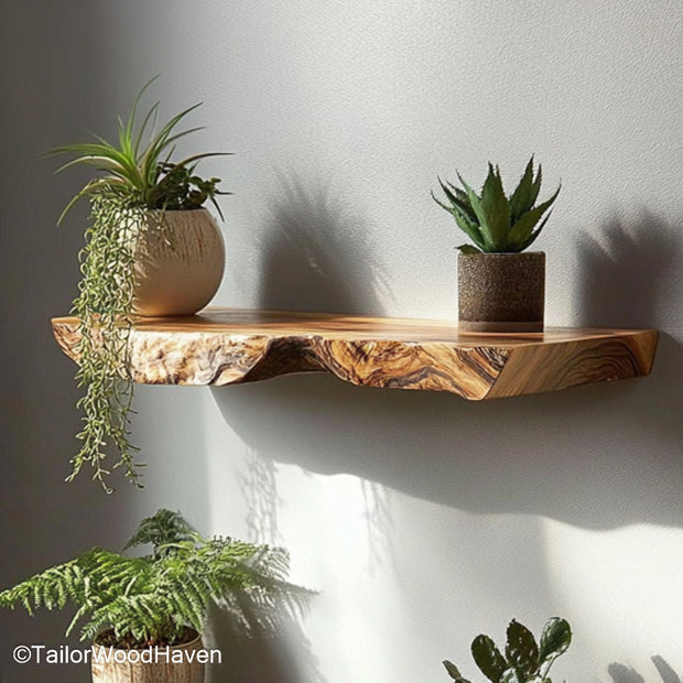 Live edge shelves kitchen made from sealed hardwood slabs with floating form, offering rustic storage or display options for kitchen walls