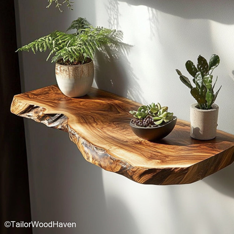 Live edge shelves kitchen made from sealed hardwood slabs with floating form, offering rustic storage or display options for kitchen walls