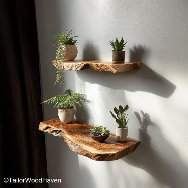 Live edge shelves kitchen made from sealed hardwood slabs with floating form, offering rustic storage or display options for kitchen walls