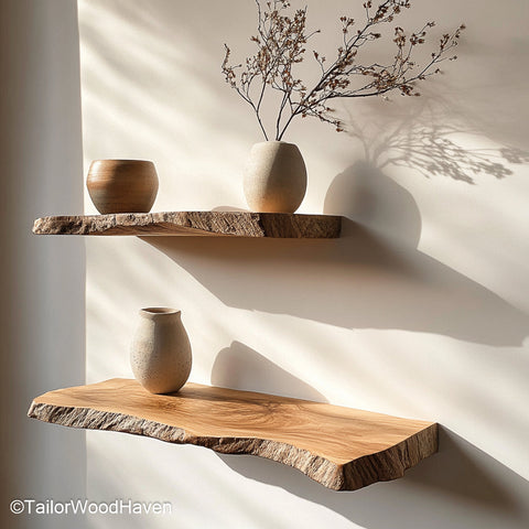 Oak floating shelves made from solid white oak with a smooth oil finish, suitable for kitchens, entryways, or living rooms
