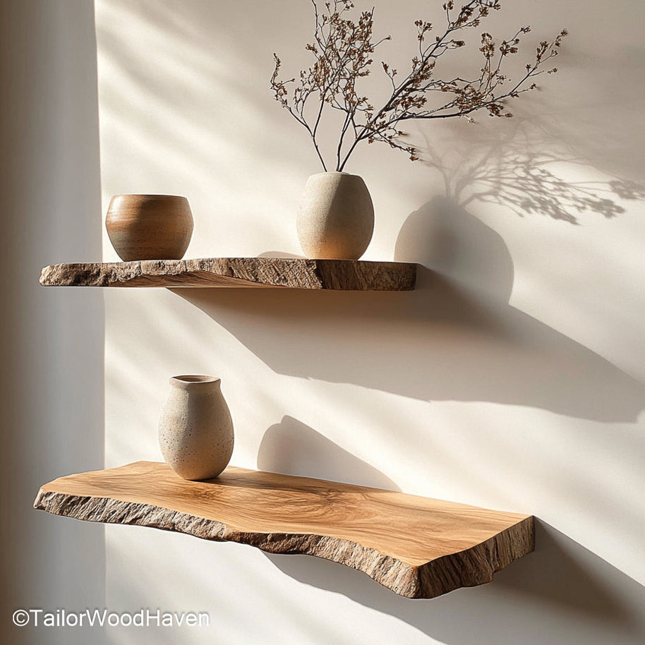Oak floating shelves made from solid white oak with a smooth oil finish, suitable for kitchens, entryways, or living rooms
