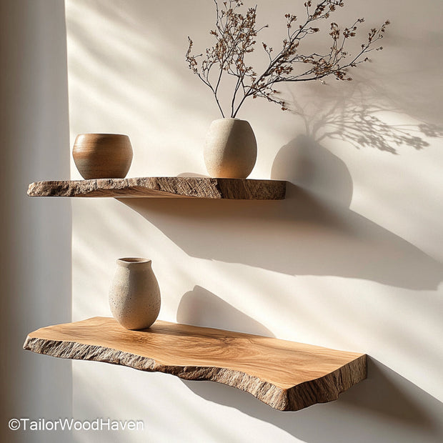 Oak floating shelves made from solid white oak with a smooth oil finish, suitable for kitchens, entryways, or living rooms