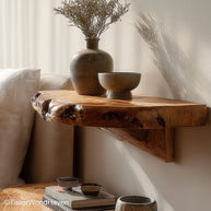 Wood live edge shelf crafted from solid timber with a raw edge and smooth surface, perfect for floating wall storage with organic texture