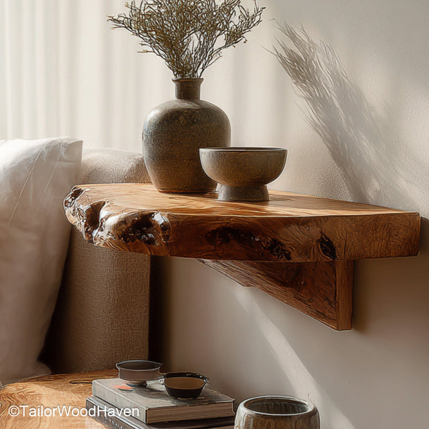 Wood live edge shelf crafted from solid timber with a raw edge and smooth surface, perfect for floating wall storage with organic texture