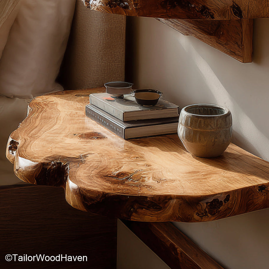 Wood live edge shelf crafted from solid timber with a raw edge and smooth surface, perfect for floating wall storage with organic texture