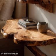 Wood live edge shelf crafted from solid timber with a raw edge and smooth surface, perfect for floating wall storage with organic texture