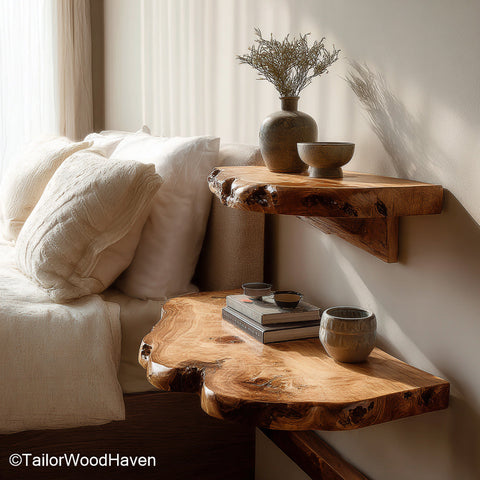 Wood live edge shelf crafted from solid timber with a raw edge and smooth surface, perfect for floating wall storage with organic texture