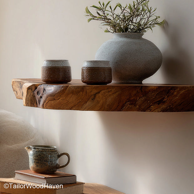 Floating wall shelves walnut designed with solid walnut wood and slim bracket free support, offering sleek natural storage for modern homes