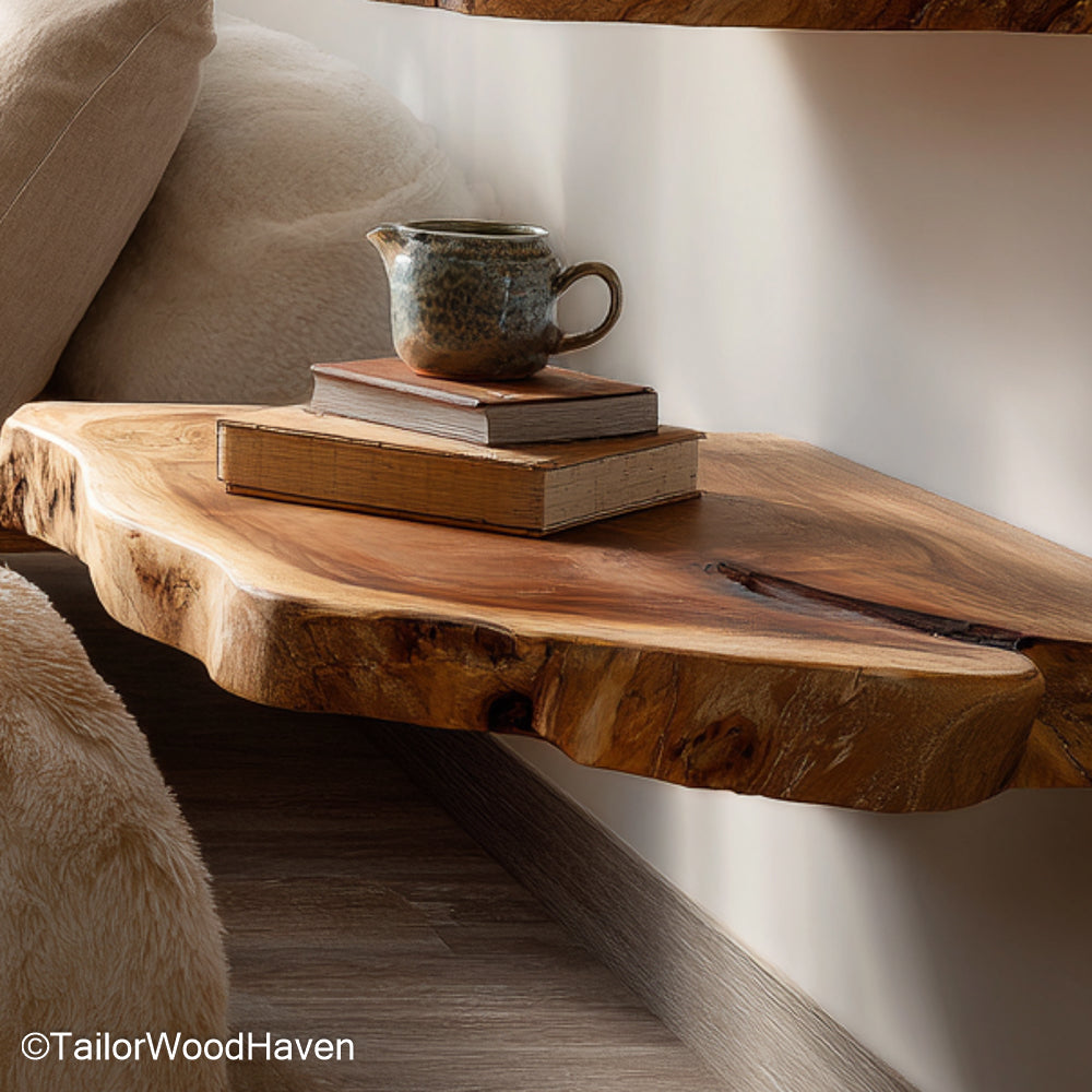 Floating wall shelves walnut designed with solid walnut wood and slim bracket free support, offering sleek natural storage for modern homes