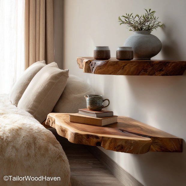 Floating wall shelves walnut designed with solid walnut wood and slim bracket free support, offering sleek natural storage for modern homes