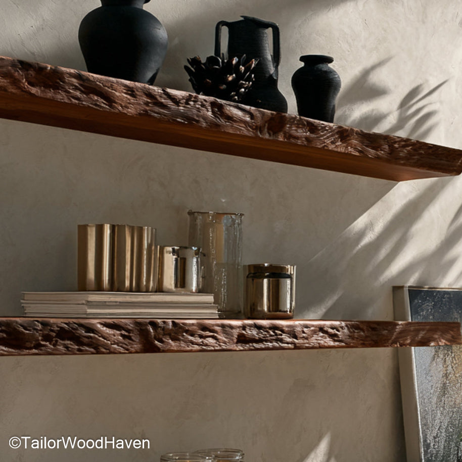 Floating walnut shelves built from solid walnut slabs with natural texture and hidden mounts, great for stylish open storage across home spaces