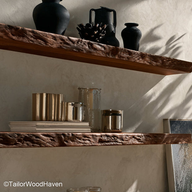 Floating walnut shelves built from solid walnut slabs with natural texture and hidden mounts, great for stylish open storage across home spaces