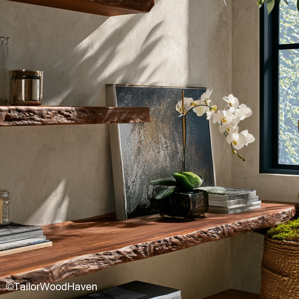 Floating walnut shelves built from solid walnut slabs with natural texture and hidden mounts, great for stylish open storage across home spaces
