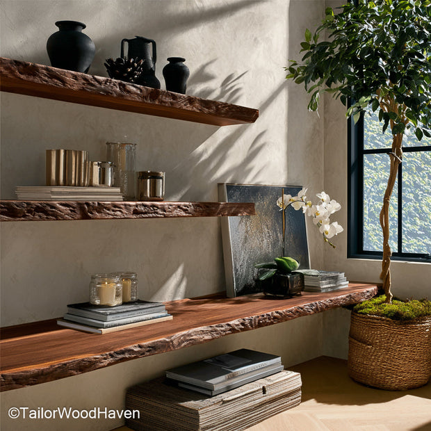 Floating walnut shelves built from solid walnut slabs with natural texture and hidden mounts, great for stylish open storage across home spaces