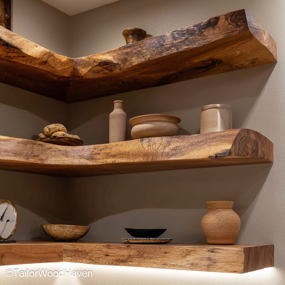Wooden floating shelves kitchen made from thick slabs with wall mounted brackets and warm tone, ideal for dishes, mugs, or rustic kitchen displays