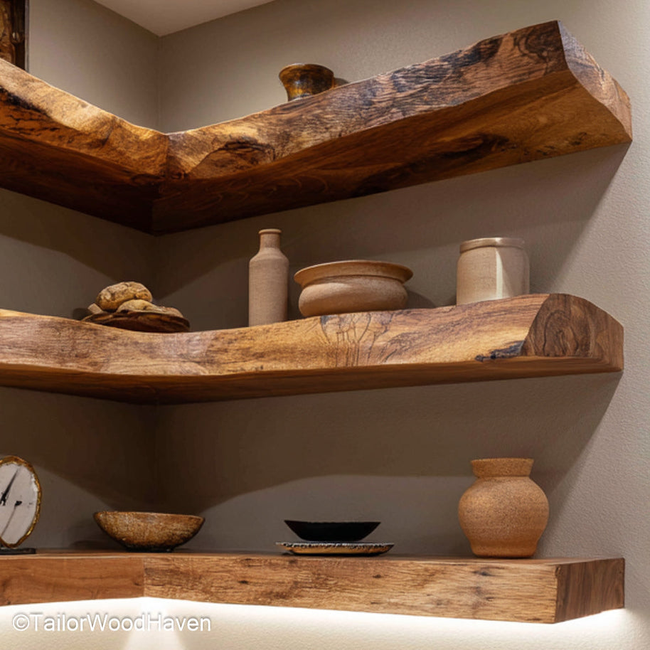 Wooden floating shelves kitchen made from thick slabs with wall mounted brackets and warm tone, ideal for dishes, mugs, or rustic kitchen displays