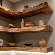 Wooden floating shelves kitchen made from thick slabs with wall mounted brackets and warm tone, ideal for dishes, mugs, or rustic kitchen displays