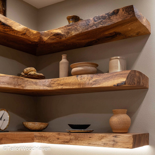 Wooden floating shelves kitchen made from thick slabs with wall mounted brackets and warm tone, ideal for dishes, mugs, or rustic kitchen displays