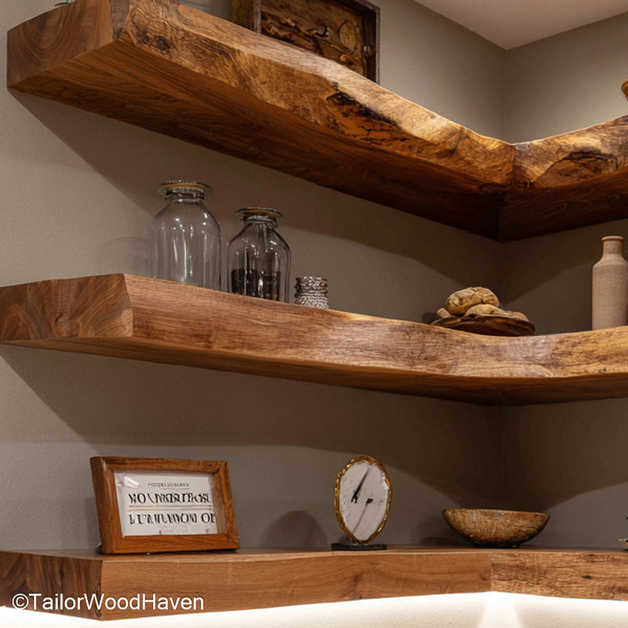 Wooden floating shelves kitchen made from thick slabs with wall mounted brackets and warm tone, ideal for dishes, mugs, or rustic kitchen displays
