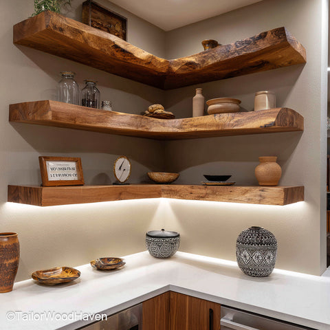 Wooden floating shelves kitchen made from thick slabs with wall mounted brackets and warm tone, ideal for dishes, mugs, or rustic kitchen displays