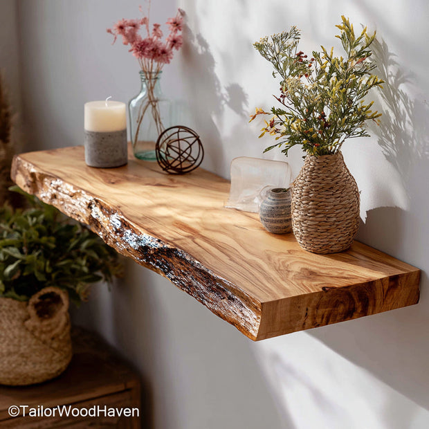 Country wall shelves made from aged wood with soft tone and farmhouse design, ideal for charming display in kitchens, bathrooms, or hallways