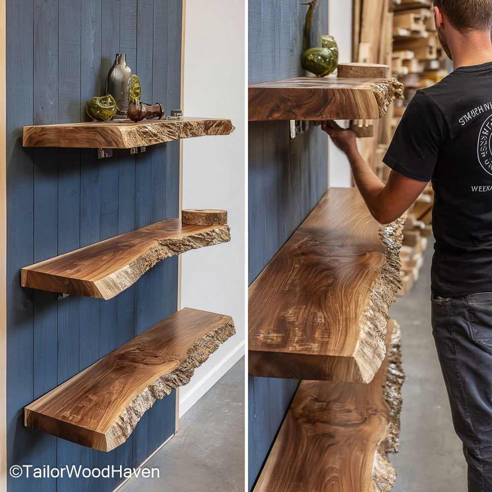 Walnut wall shelf crafted from solid walnut wood with a smooth sealed surface and hidden bracket mount, ideal for modern or rustic living walls