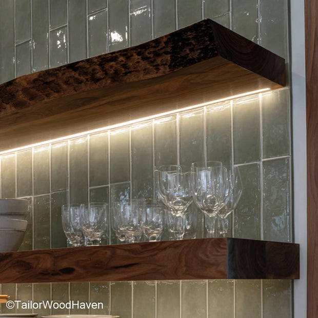 Live edge kitchen shelves crafted from sealed hardwood with natural edges and floating design, made for both open storage and visual interest