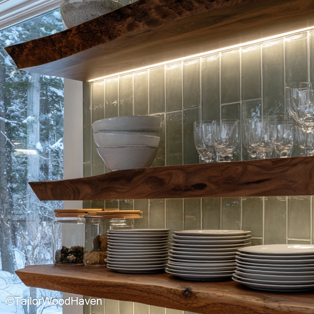 Live edge kitchen shelves crafted from sealed hardwood with natural edges and floating design, made for both open storage and visual interest