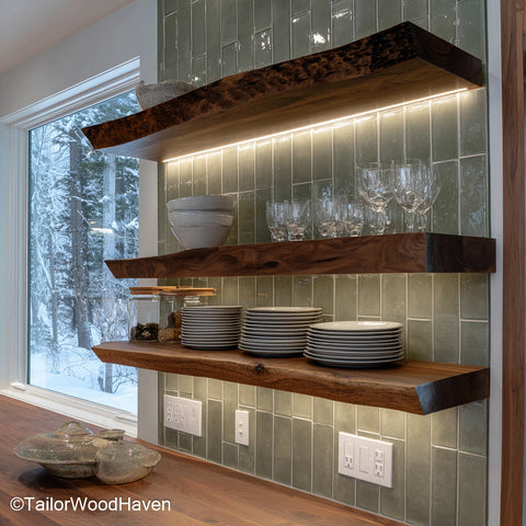 Live edge kitchen shelves crafted from sealed hardwood with natural edges and floating design, made for both open storage and visual interest