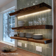 Live edge kitchen shelves crafted from sealed hardwood with natural edges and floating design, made for both open storage and visual interest