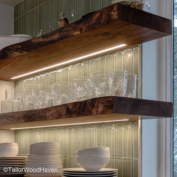 Wooden rustic floating shelves designed from reclaimed wood with a worn finish and wall mounted frame, perfect for cozy kitchens or boho rooms