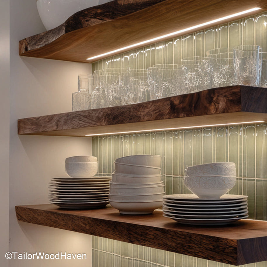 Wooden rustic floating shelves designed from reclaimed wood with a worn finish and wall mounted frame, perfect for cozy kitchens or boho rooms