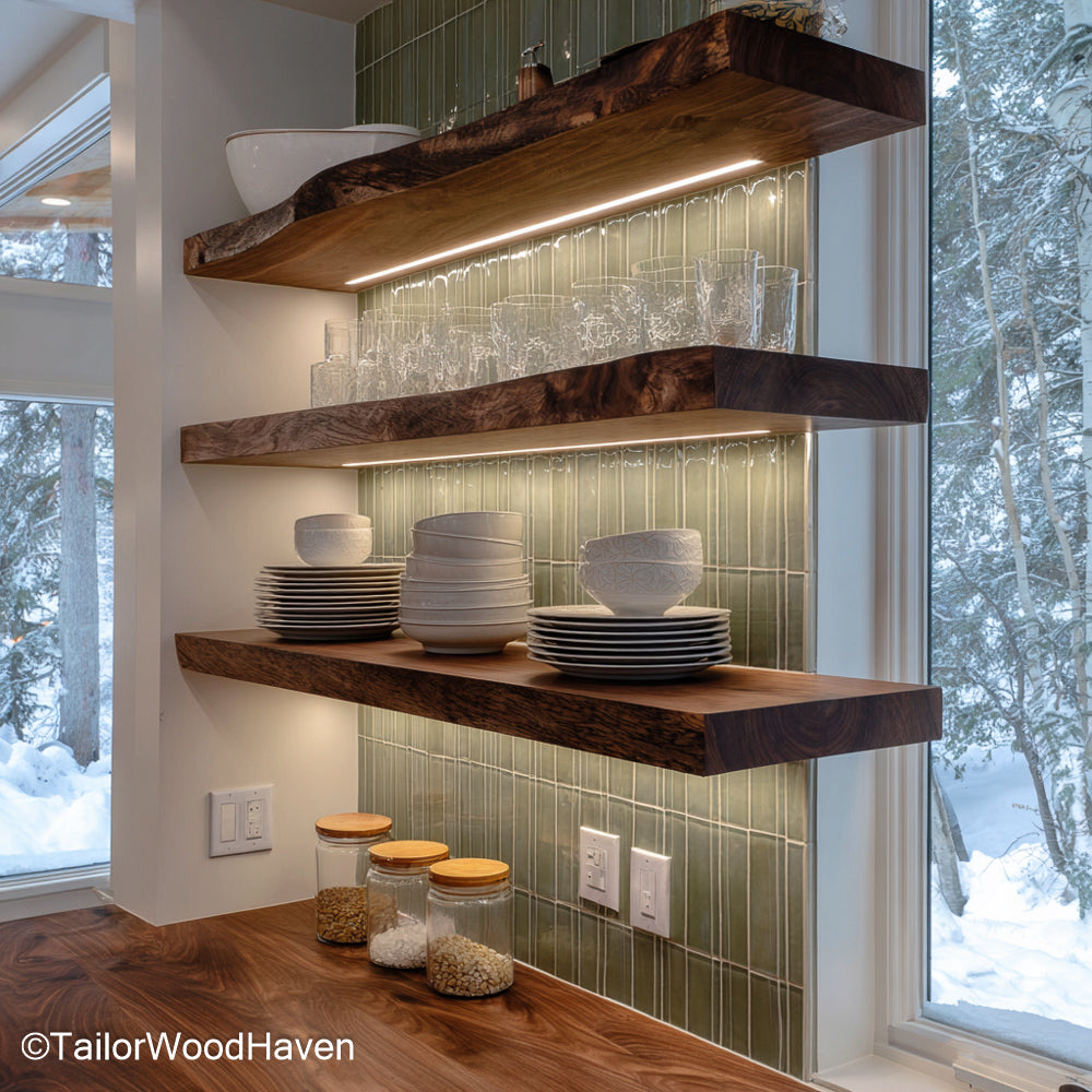 Wooden rustic floating shelves designed from reclaimed wood with a worn finish and wall mounted frame, perfect for cozy kitchens or boho rooms