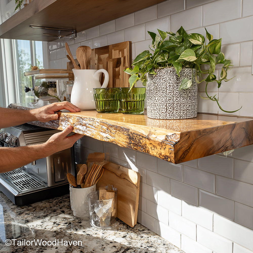 Wooden floating shelves kitchen made from thick slabs with wall-mounted brackets and warm tone, ideal for dishes, mugs, or rustic kitchen displays
