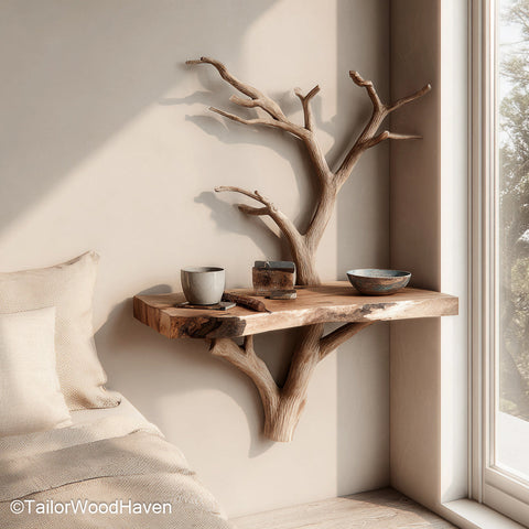 Small Floating Nightstand made from natural wood with a sleek surface and slim profile, ideal for compact rooms or cozy guest bedrooms