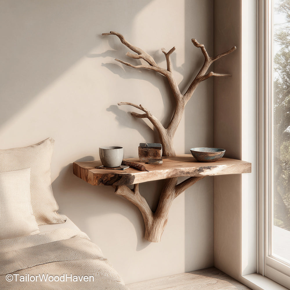Small Floating Nightstand made from natural wood with a sleek surface and slim profile, ideal for compact rooms or cozy guest bedrooms