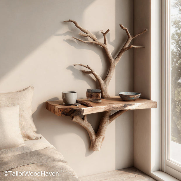Small Floating Nightstand made from natural wood with a sleek surface and slim profile, ideal for compact rooms or cozy guest bedrooms