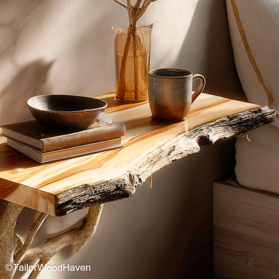 Floating Bed Side Shelf crafted with a minimalist form and real wood grain, perfect for small bedrooms or guest rooms needing sleek wall mounted storage